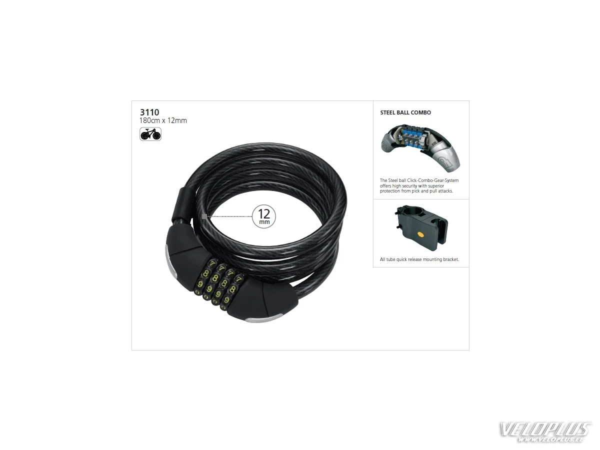 Cable lock Magnum code 180x12mm + bracket