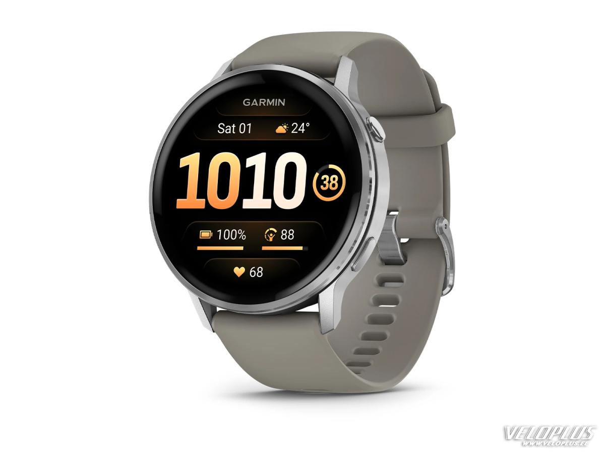 Garmin Venu 4 – 45 mm sudraba ar pelēku silikona siksnu