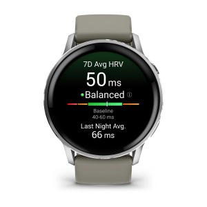 Garmin Venu 4 – 45 mm sudraba ar pelēku silikona siksnu
