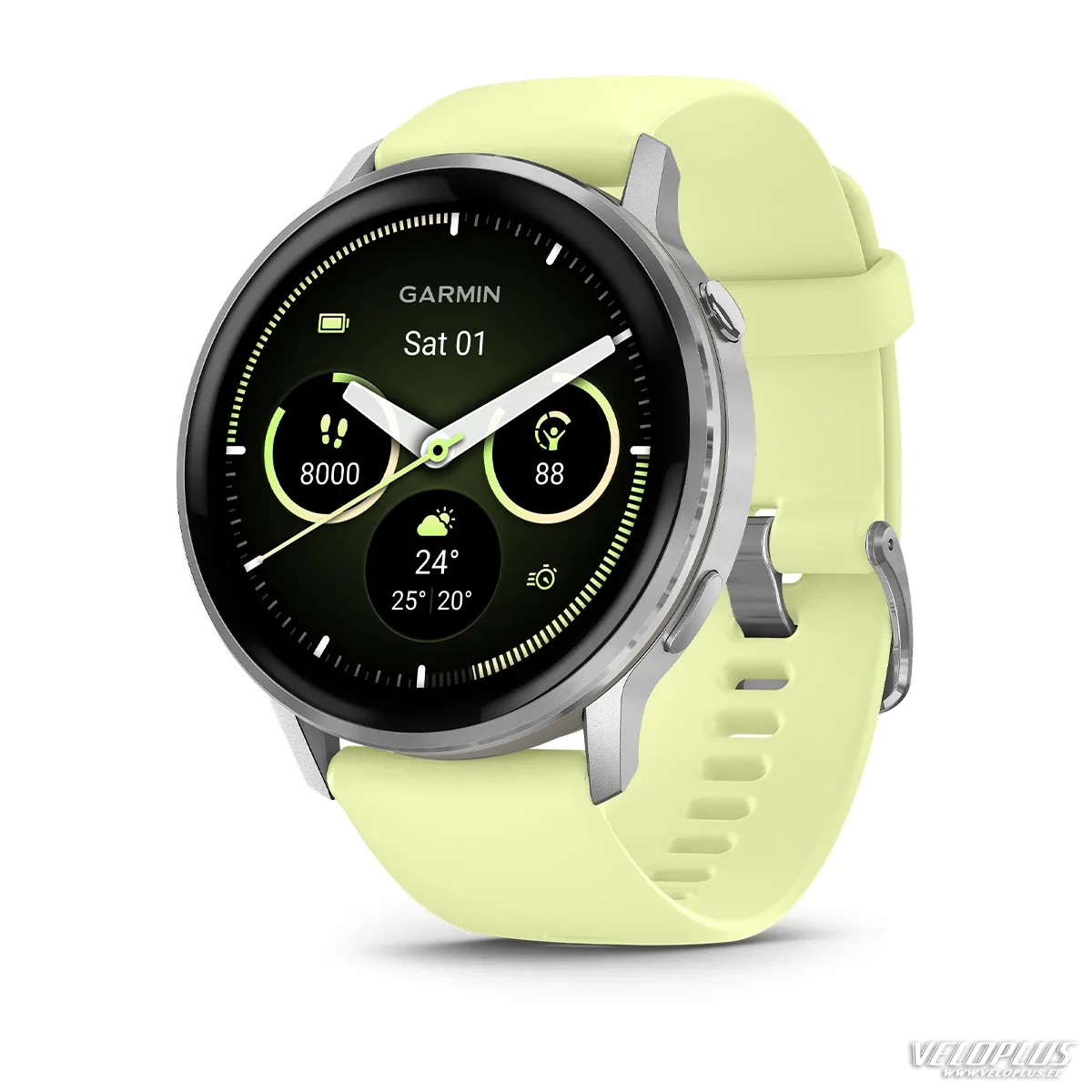 Garmin Venu 4 – 45 mm hõbedane sidrunikollase silikoonrihmaga