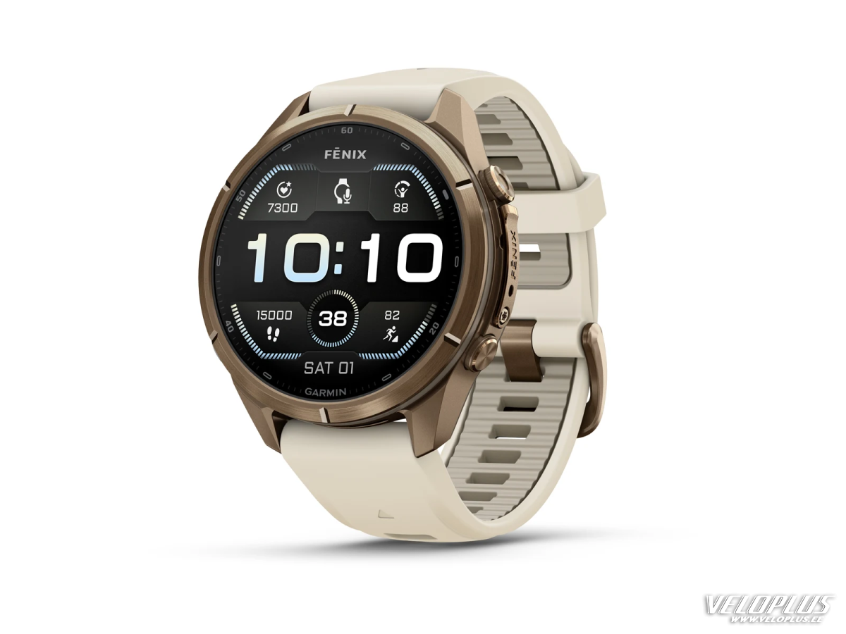 Garmin fenix 9 Pro - 43mm Tamsios auksinės spalvos titanas su kreminės / žalsvai pilkos spalvos silikoniniu dirželiu