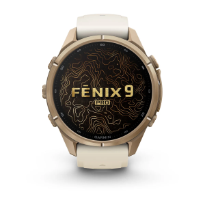 Garmin fenix 9 Pro - 43mm Tamsios auksinės spalvos titanas su kreminės / žalsvai pilkos spalvos silikoniniu dirželiu