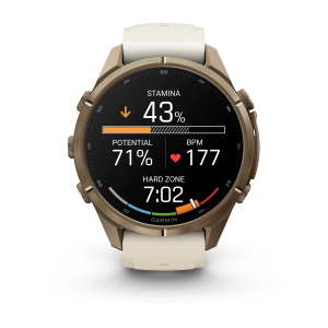 Garmin fenix 9 Pro - 43mm Tamsios auksinės spalvos titanas su kreminės / žalsvai pilkos spalvos silikoniniu dirželiu