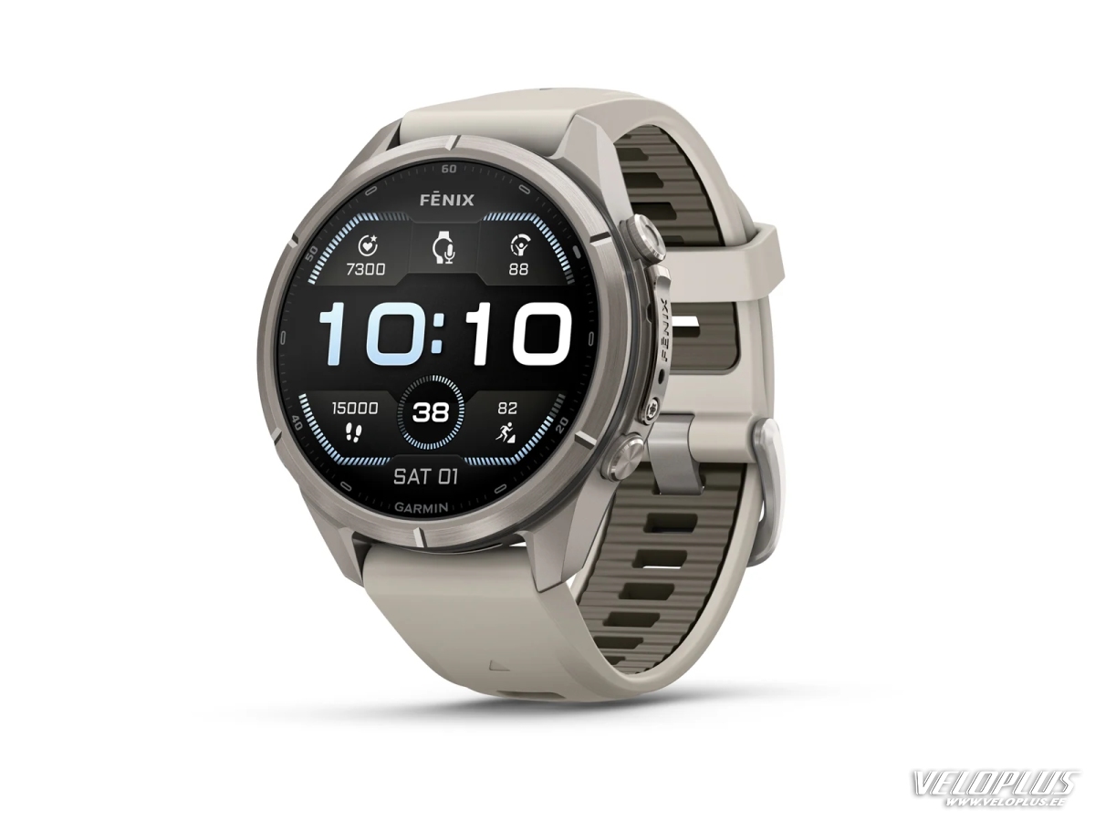 Garmin fenix 9 Pro - 43mm Titaani ja Fog Gray/Dark Sandstone -silikonihihna