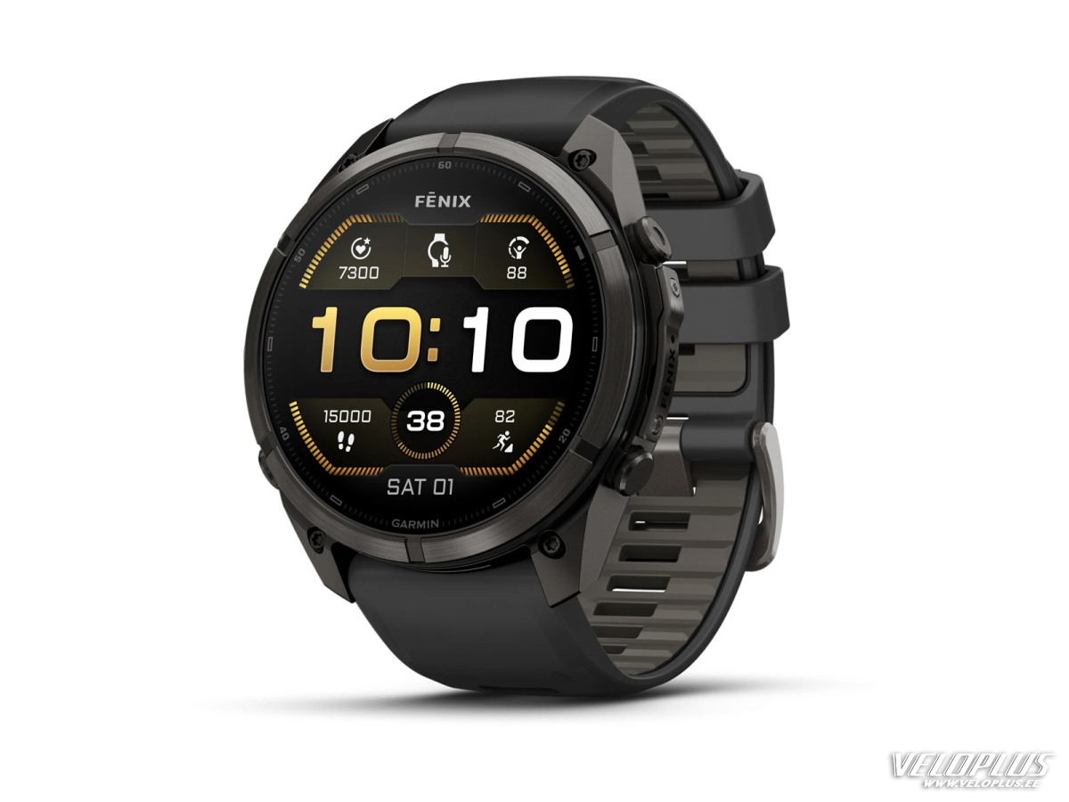 Garmin fenix 9 Pro - 51mm Pilkos anglies spalvos DLC titanas su juodos / akmenėlių pilkos spalvos silikoniniu dirželiu